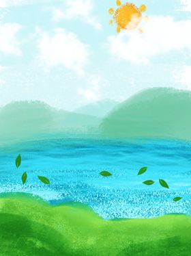 手绘草地和蓝天的水彩风景背景