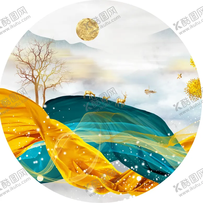 编号：73596901170451313047【酷图网】源文件下载-中式山脉绸布圆形挂画装饰画