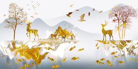 麋鹿山水现代装饰画