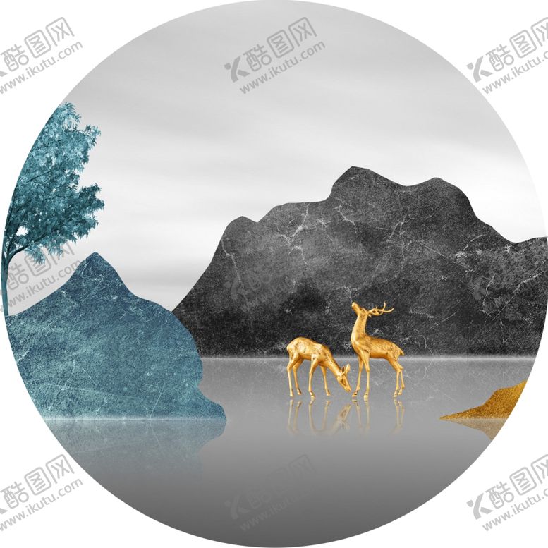 编号：37134312041635119734【酷图网】源文件下载-麋鹿山水湖泊圆形挂画装饰画