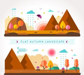 扁平化秋季山边风景矢量图
