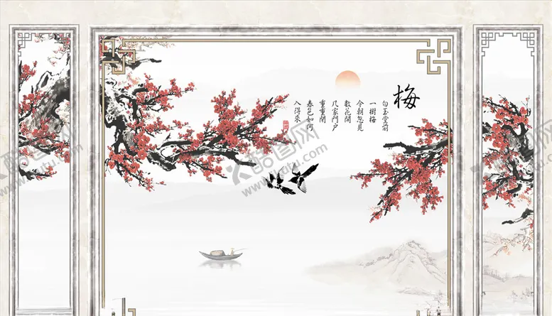 编号：14226505041301177371【酷图网】源文件下载-花鸟画梅花背景墙