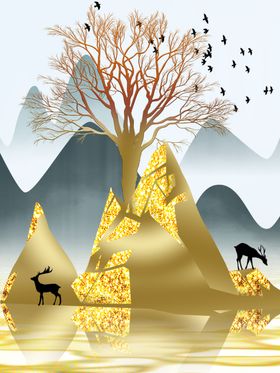 抽象麋鹿发财树灯光光影装饰画