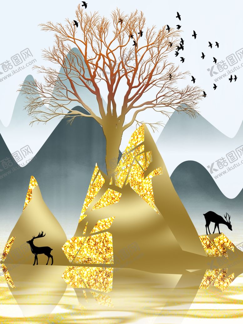 编号：39705910212351294621【酷图网】源文件下载-发财树麋鹿装饰画