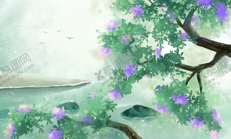 编号：82744406270421113446【酷图网】源文件下载-山水梦幻色彩插画卡通背景素材