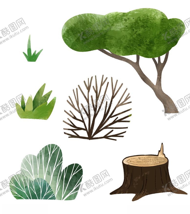 编号：34243602270932149451【酷图网】源文件下载-手绘水彩树木绿植草丛树桩元素