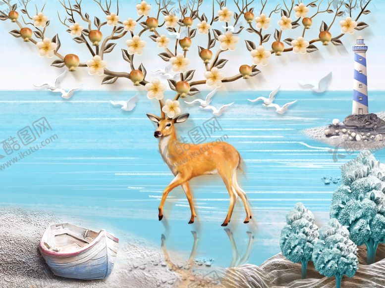 编号：20091509290944328343【酷图网】源文件下载-麋鹿背景墙