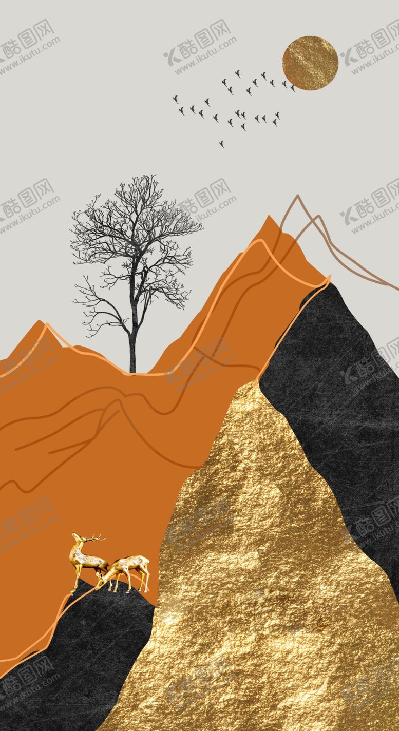 编号：17690310040748016507【酷图网】源文件下载-抽象麋鹿山水装饰画玄关