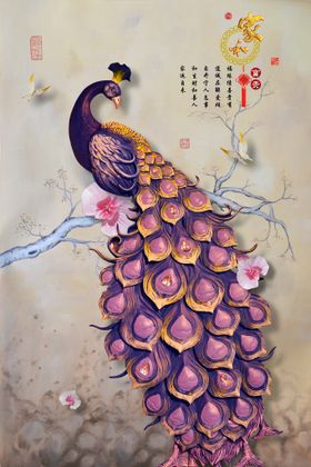 孔雀花枝圆形挂画装饰画