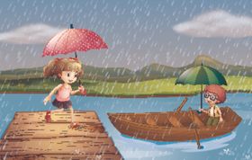 卡通雨季儿童