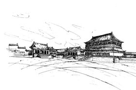 建筑国风水墨水彩古风素材