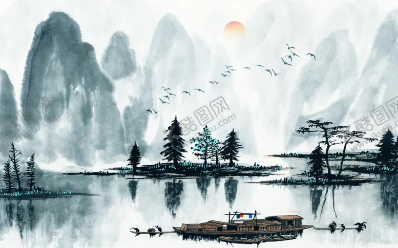 编号：34727206242100108267【酷图网】源文件下载-水墨山水小船太阳背景墙