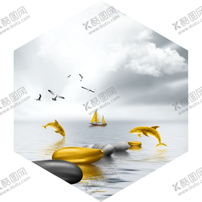 编号：87101409091325238192【酷图网】源文件下载-新中式金色海豚石头装饰画