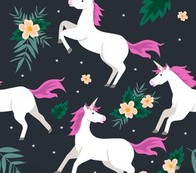 白色独角兽和花卉无缝背景