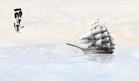 山水画帆船背景墙