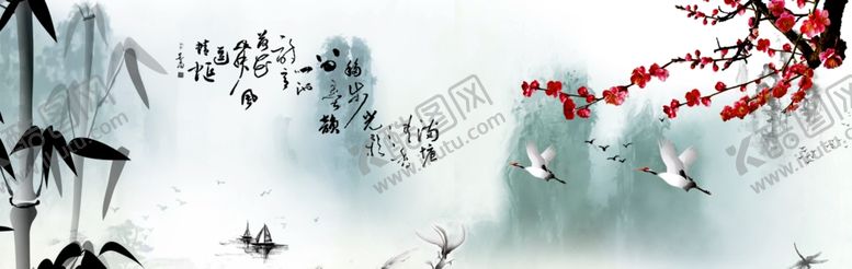 编号：74027109290754439471【酷图网】源文件下载-仙鹤竹子梅花