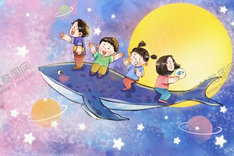 编号：70895801301357013338【酷图网】源文件下载-手绘水彩儿童节之骑鲸鱼插画