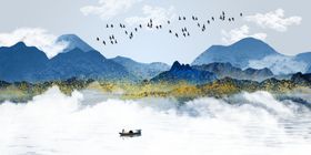 云雾山间行舟飞鸟装饰画