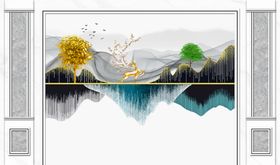 新中式麋鹿山水造型背景墙
