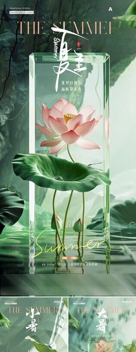 夏至小暑大暑荷花玻璃场景海报
