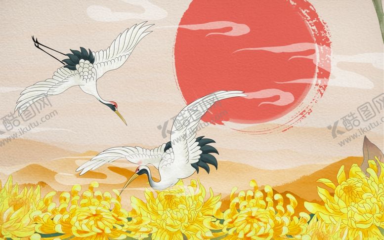编号：40182702241159446309【酷图网】源文件下载-重阳节仙鹤风景插画