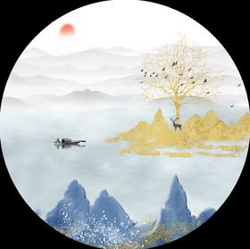 金色山水麋鹿装饰画