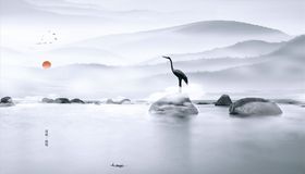 水墨山水大雁太阳背景墙