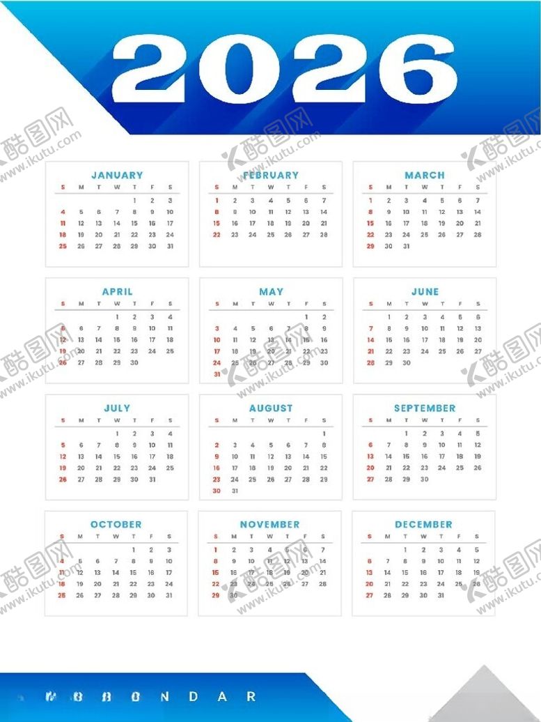 编号：25764604032228103329【酷图网】源文件下载-2026年日历模板