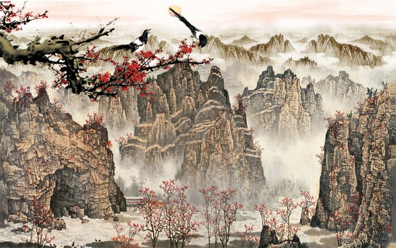 编号：95842309130616143170【酷图网】源文件下载-国画报喜挂画电视背景墙