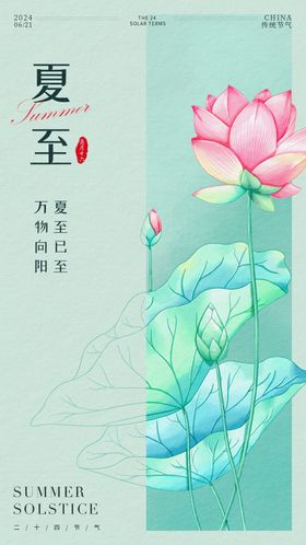夏至节气海报手绘荷花清新