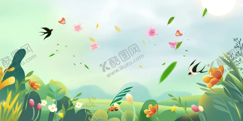 编号：89465804201403429518【酷图网】源文件下载-春日花草飞鸟梦幻风景图