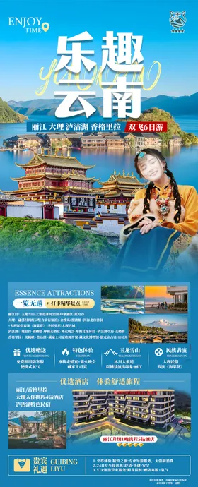 云南旅游海报行程景点长图蓝色