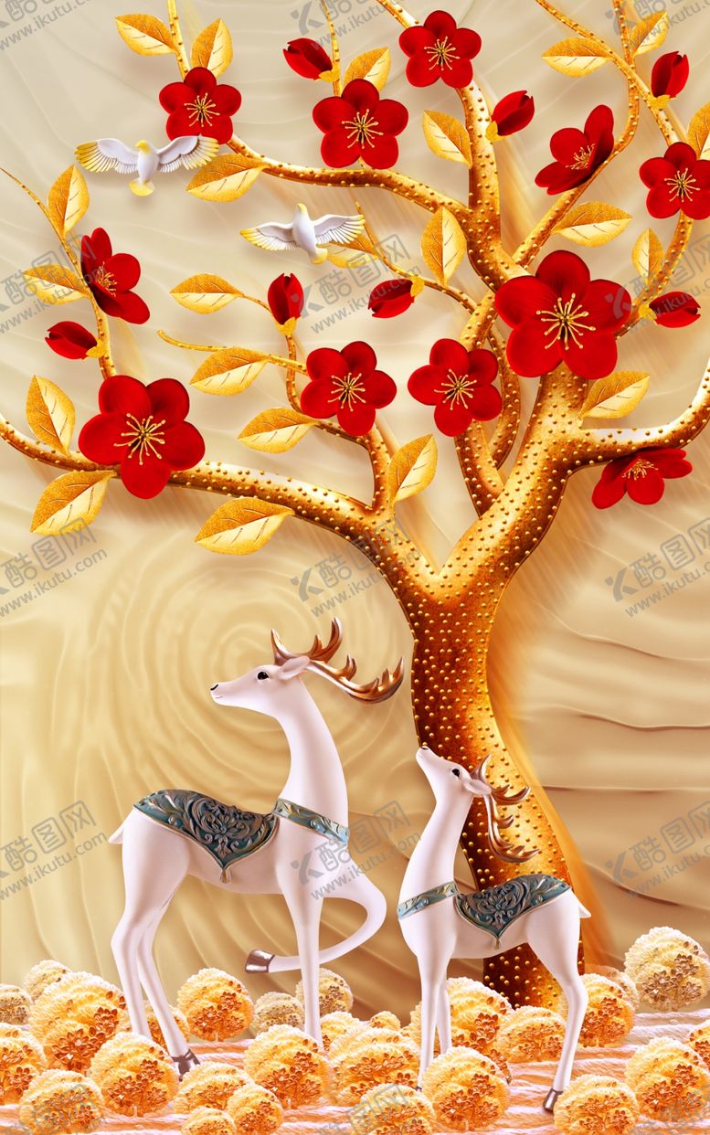 编号：15780010131224241174【酷图网】源文件下载-新中式发财鹿装饰画