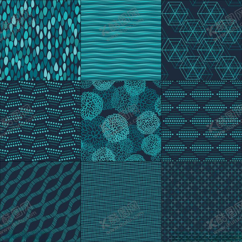 编号：50069111021548121984【酷图网】源文件下载-蓝绿色调几何花卉图案集合