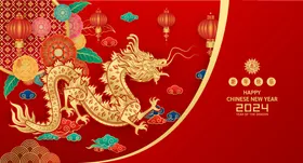 龙年春节红色插画国潮贺卡生肖