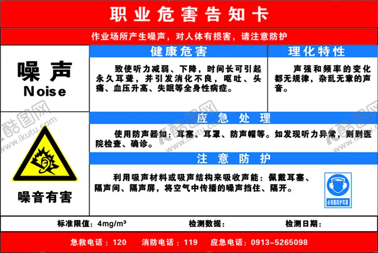 编号：42928110160222542582【酷图网】源文件下载-噪声职业危害告知卡