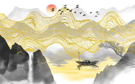水墨画迎客松鱼壁风景
