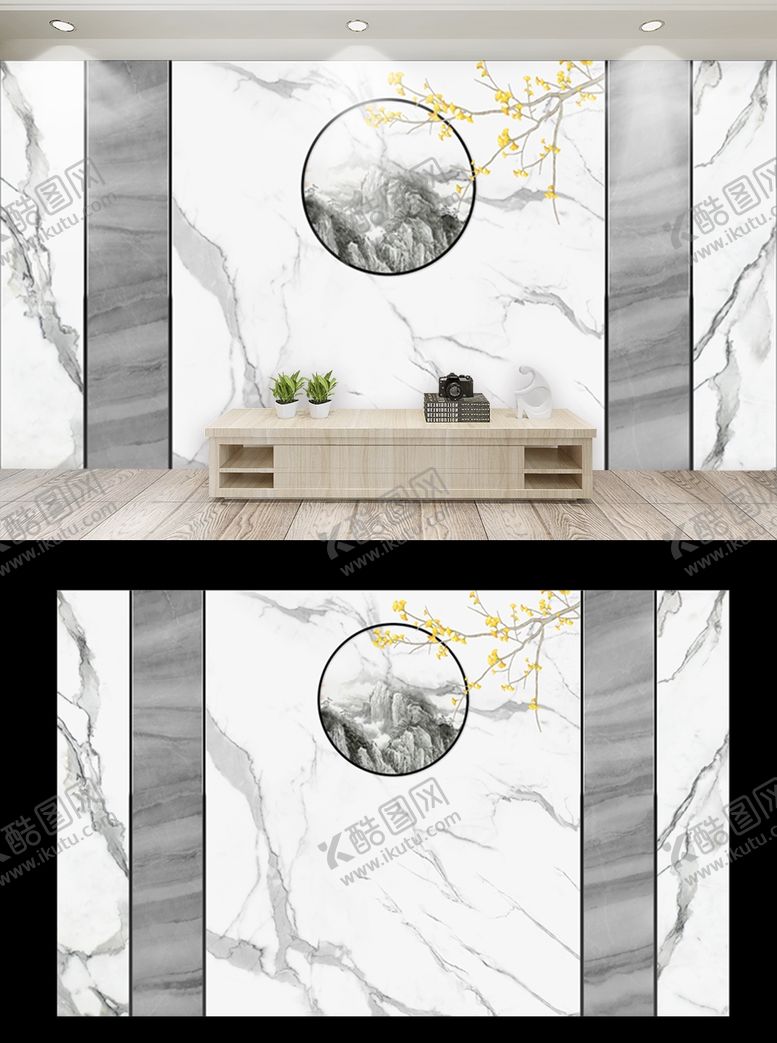 编号：36771509230410401364【酷图网】源文件下载-新中式手绘电视背景墙沙发背景墙