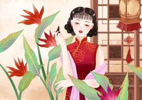 民国女性人物复古背景海报素材