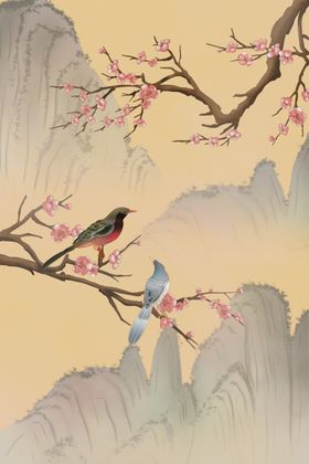 古典手绘花鸟插花
