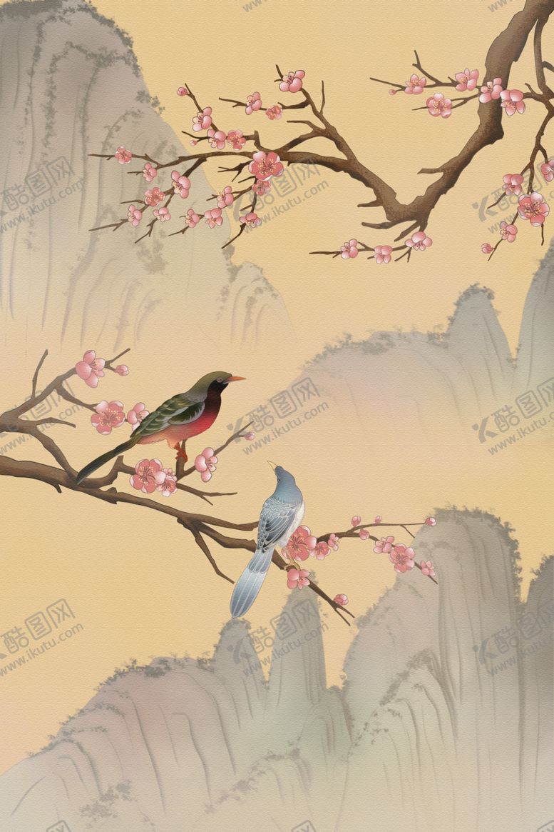编号：35445909280405163018【酷图网】源文件下载-古典手绘花鸟插花