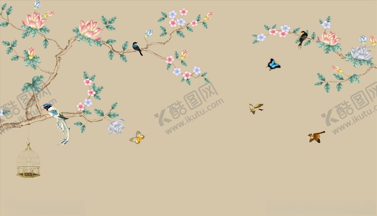编号：57478804262009161322【酷图网】源文件下载-浮雕花花鸟画飞鸟背景墙