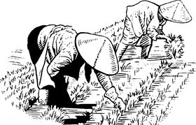 线条农民插秧耕种图农村古村农耕
