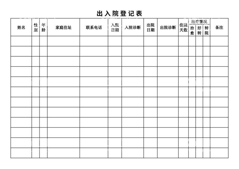 编号：87747312151753082370【酷图网】源文件下载-医院出入院登记表