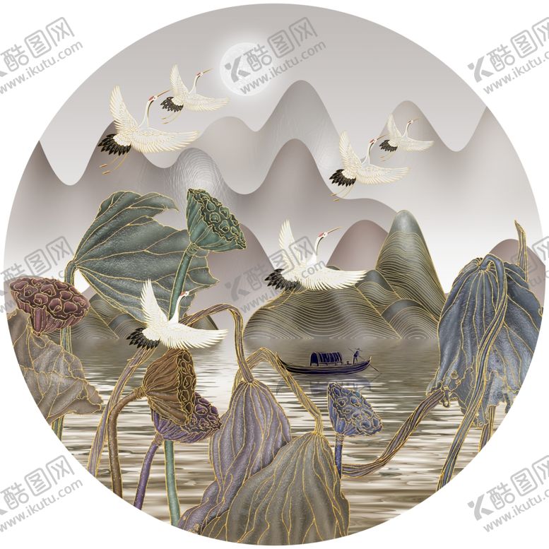 编号：24762406301536026226【酷图网】源文件下载-国潮荷花圆形装饰画