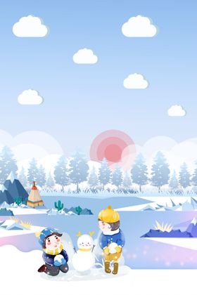 堆雪人房子冬天蓝色背景文艺花