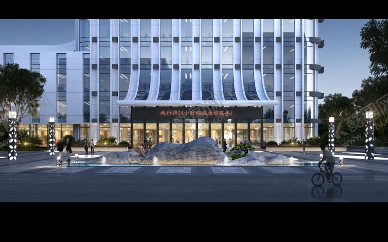 编号：13436105131613525240【酷图网】源文件下载-银行入口建筑景观夜景效果图