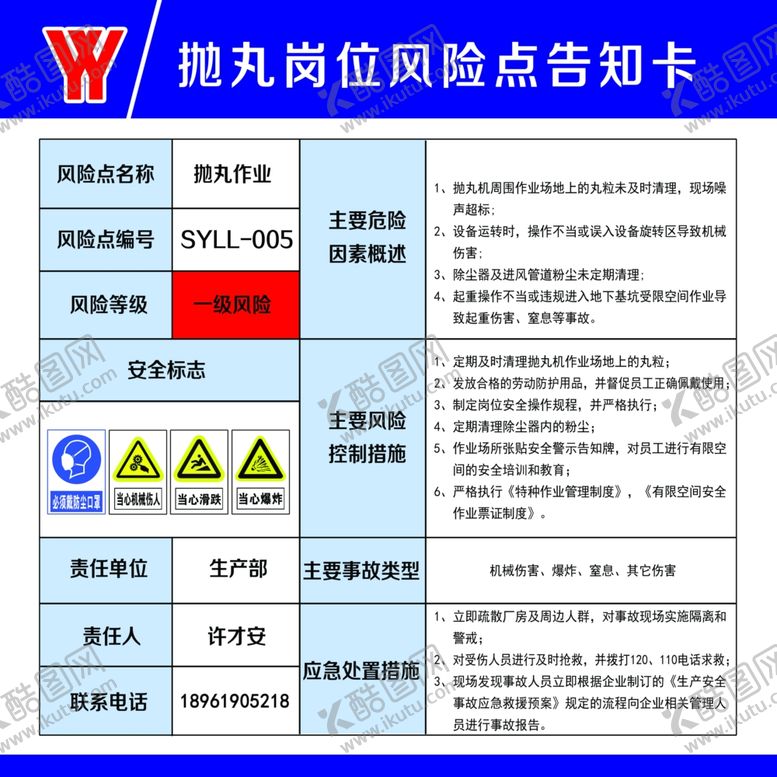 编号：34860509230559495611【酷图网】源文件下载-抛丸岗位风险点告知卡