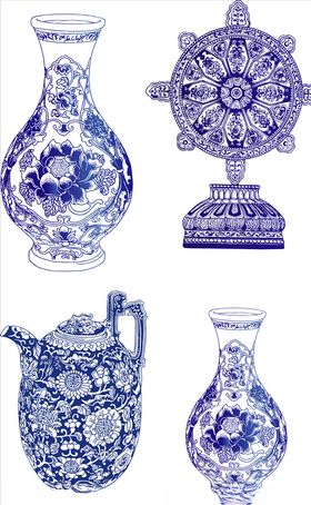 矢量手绘瓷器花纹