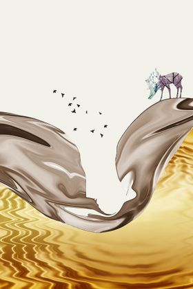 金色麋鹿意境山水装饰画黄树丝绸客厅三联